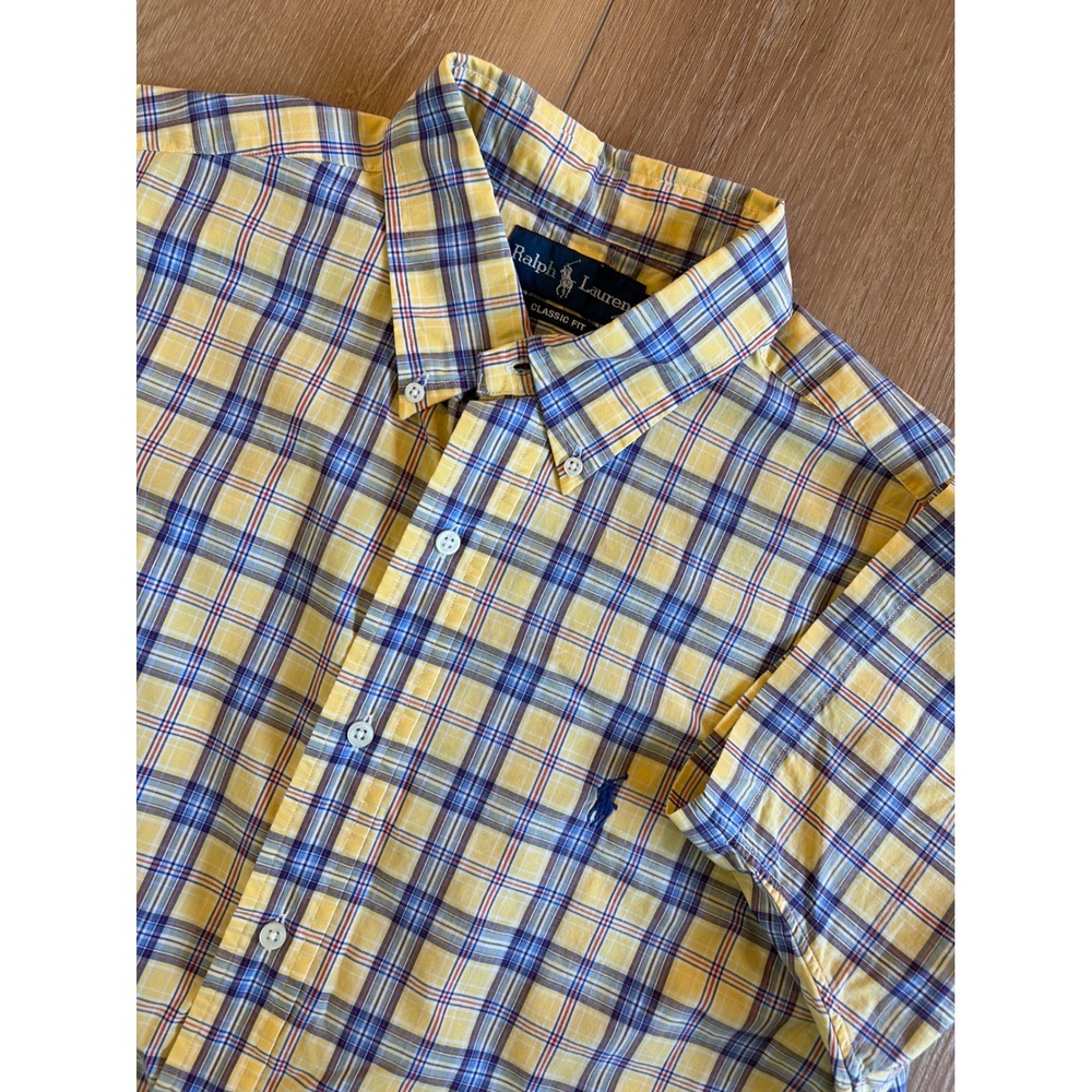 Polo Ralph Lauren Mens Classic Fit Plaid Short‎ Sleeve Shirt Yellow Blue Large